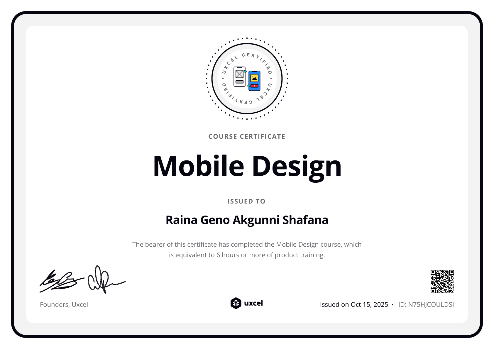 Raina Geno Akgunni Shafana's certificate